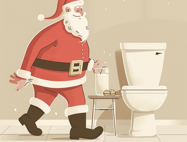 Illustration of Santa Clause walking to the toilet